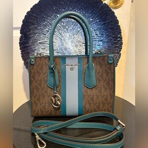 Michael Kors Small Maple Satchel in Brown, Teal & Light Blue w/ Crossbody Strap